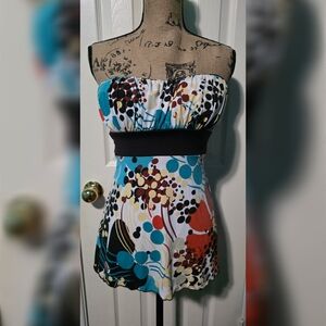 Vintage Y2K Takara Strapless Top M | Abstract Boho Babydoll Blouse | Tie Waist